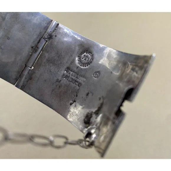 Mexico 925 Sterling Silver Crushed Turquoise Inlay Greek Key Bracelet READ